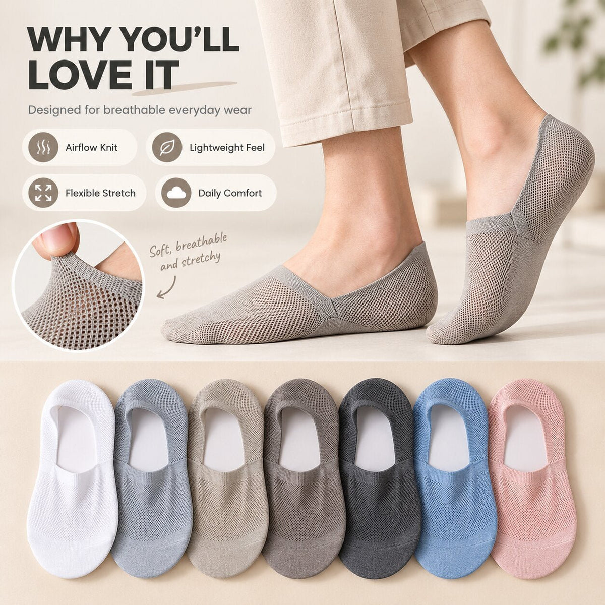 Premium Breathable Reinforced No-Show Socks