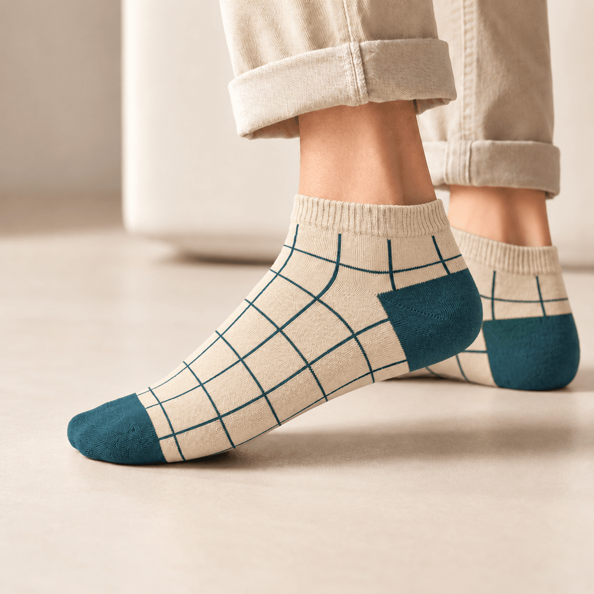 Premium Vintage Edition Cream / Teal checked ankle socks