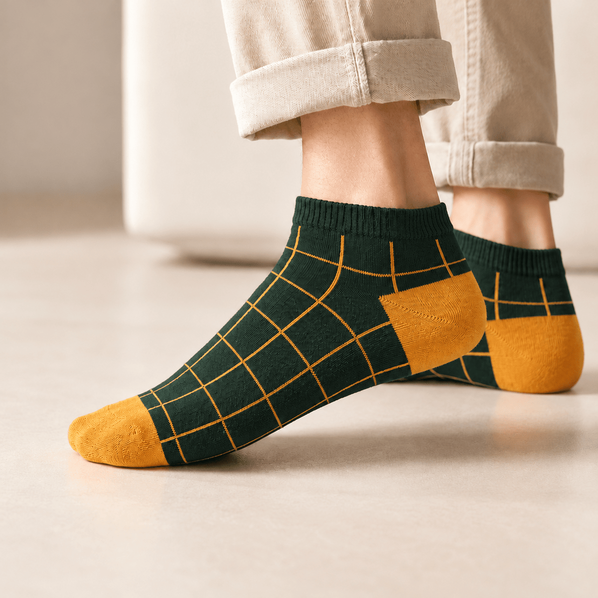 Premium Vintage Edition Forest Green / Mustard checked ankle socks