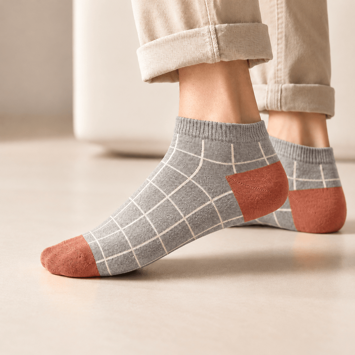 Premium Vintage Edition Grey / Rust checked ankle socks