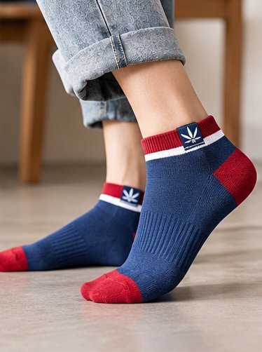 Cady navy-red worn ankle socks with leaf cuff motif